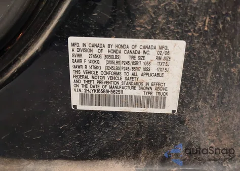 2006 Honda Ridgeline Rtl из США, поврежденный, VIN 2HJYK16586H562511